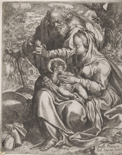 Rest on the Flight into Egypt, print, Mary sits with the Christ Child on her lap under a tree.
