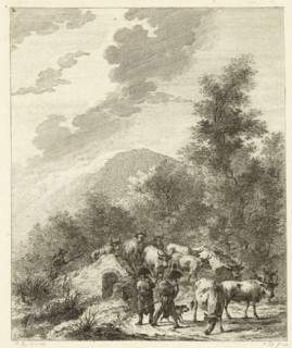 Soldiers driving a herd of cows across a bridge, Six landscapes with soldier staff, print, Series