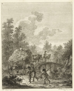 Hay wagon driving over a bridge, Six landscapes with soldier staff, print, Series number, 4, 6, A