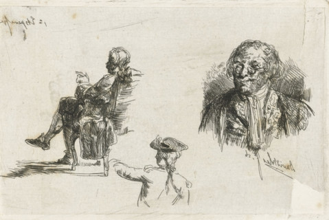 Study sheet with three figures, print, On the left sits a man in an armchair, beneath a soldier