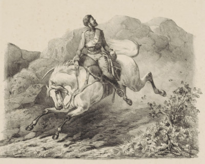 Fleeing soldier on horseback, print, The horse gallops through a rocky landscape. The rider looks