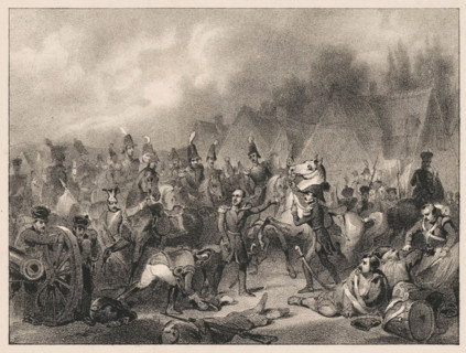 Battle, print, In the middle of the mounted troops stands a commander. He points forward. In the