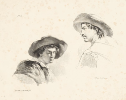 Men with hats, print, Series number, 6, Study sheet with two men with hats., printmaker: Pieter