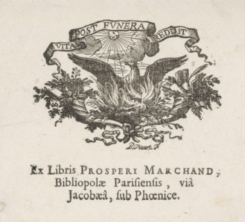 Ex libris of the bookseller Prosper Marchand 'In den Parijschen boekwinkel' in the St. Jacobsstraat