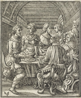 Company around a table with a meal on it, print, book illustration, printmaker: Christoffel van