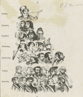 Pyramid of various smoking figures with the days of the week, print, book illustration, printmaker: