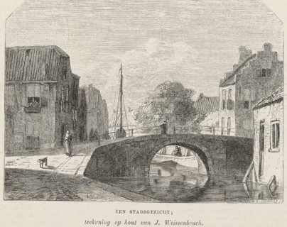 Cityscape with a bridge, print, book illustration, printmaker: Isaac Weissenbruch, Netherlands,