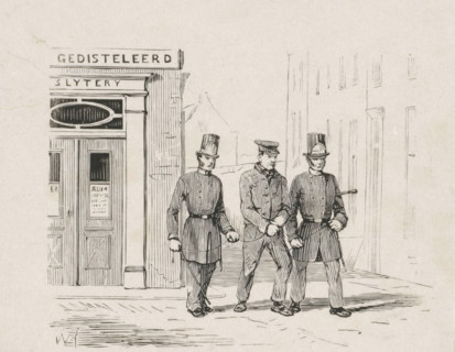 Chained man led away from a liquor store by two officers, Abolition of alcoholic beverages in 1838,
