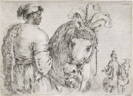 African man with a turban leads a horse, in the background a man on horseback, Dark man with a