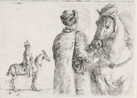 Polish servant holds horse by the reins, in the background a man on horseback, print, printmaker: