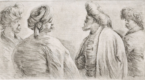 Four Turkish men with moustaches and turbans, print, printmaker: Stefano della Bella, 1620 - 1664,