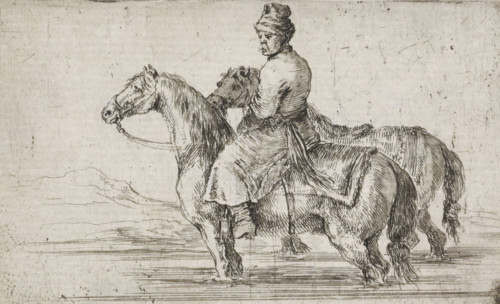 Polish servant bathing two horses, print, printmaker: Stefano della Bella, 1620 - 1664, paper,