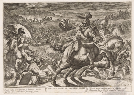 Lot liberated by Abraham, Abraham Loth ab hostibus eripit, Old Testament battle scenes, print,