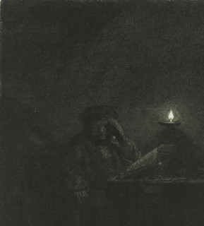 Student at a Table by the Light of an Oil Lamp, Student at a table by candlelight, print,