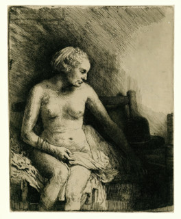Woman at the Bath with a Hat beside her, print, signature and date: 'Rembrandt f. 1658',