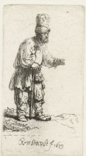 A peasant in a high cap, standing leaning on a stick, print, inscription: 'Coppier', signature and