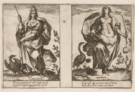 Intellect and Vigilance, Attributes of the Soul, print, Two representations of personifications.