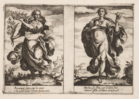Reward and Honesty, Attributes of the Soul, Attributi dell'Anima, print, Two depictions of female