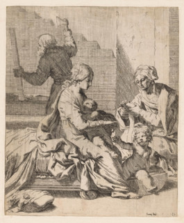 Holy Family with John the Baptist and Elizabeth, print, In the foreground Mary is breastfeeding the