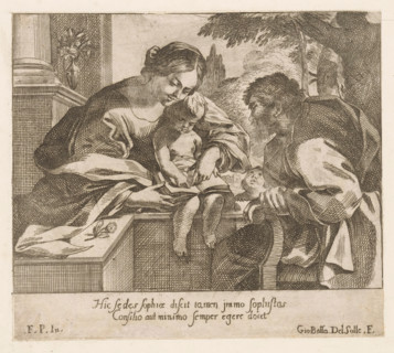 Mary teaches the Christ-child to read, print, The Christ-child sitting with a book on his lap. Mary