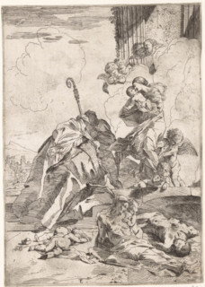 Three saints interceding for victims of the plague, print, Three saints kneel before Mary and the