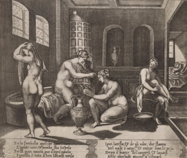 Bathing Psyche, Story of Amor and Psyche, print, Psyche sitting on the edge of a bath, surrounded