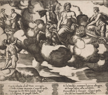 Venus asks Jupiter for help, Story of Cupid and Psyche, print, Series number, 18, 32, Venus arrives