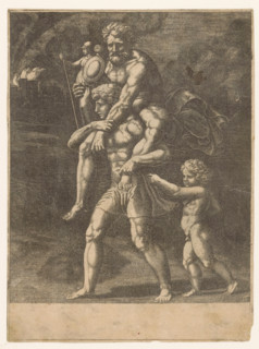 Aeneas and his family flee from Troy, print, Aeneas walks with his father Anchises on his back. In