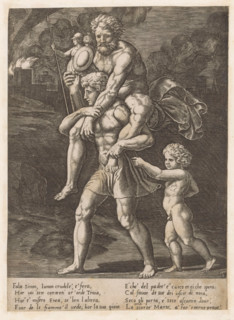Aeneas and his family flee from Troy, print, Aeneas walks with his father Anchises on his back. In