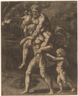 Aeneas and his family flee from Troy, print, Aeneas walks with his father Anchises on his back. In