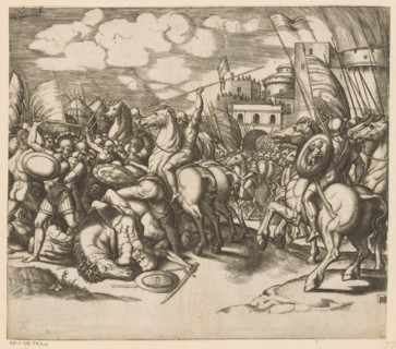 Victory of Scipio over King Syphax, print, A battle with soldiers on foot and on horseback. On the