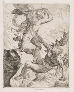 Archangel Michael fighting the devil, print, inscription: 'f - 1 - 10 - stver', inscription: 'These