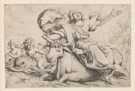Jupiter and Europa, print, Jupiter in the form of a bull with Europa on his back. On the left two
