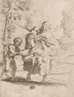 Old woman with a boy on a walk, print, Old woman, with a spinning wheel and two filled baskets,