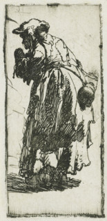 Old beggar woman with a gourd, print, printmaker: Rembrandt van Rijn, c. 1629, paper, etching,