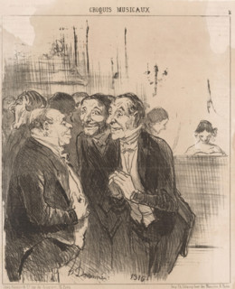 Caricature of two men complimenting a singer's father, Oh! Monsieur, quel talent possède