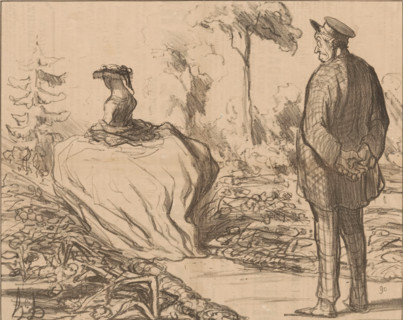 I would just as happily see a hurricane walking in my garden, Man sees woman with hoop skirt