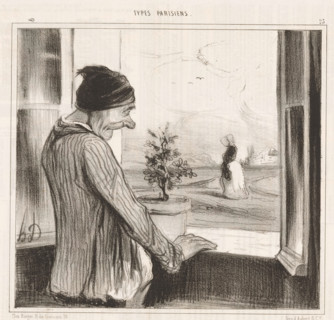 Regrets, Old man sees woman through open window, Parisian types, Types Parisiens, cartoon, Series