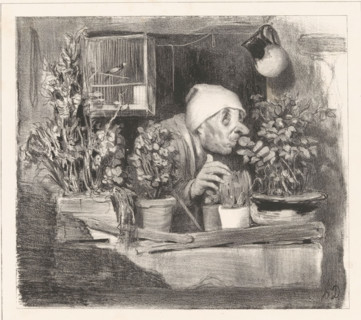 L'Odorat, Old man smells a rose on his balcony, Parisian types, Types Parisiens, cartoon, Series