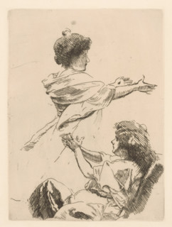 Study of two female figures with outstretched arms, print, Study for the painting L'ile heureuse.,