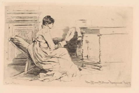Woman with fan in low chair, print, watermark, printmaker: attributed to Jules Ferdinand