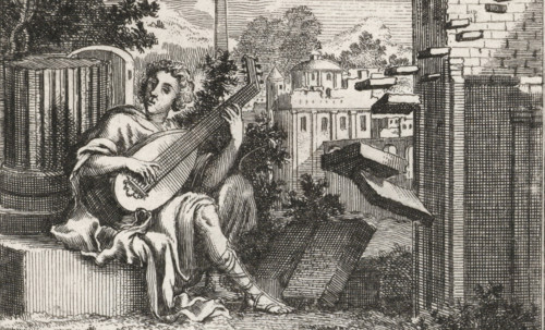 Amphion, playing a lute near the walls of Thebes, print, book illustration, printmaker: Jan Luyken,