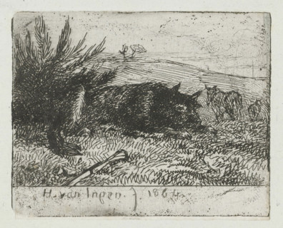 Lying shepherd dog, print, A lying shepherd dog next to a bush. In front of the dog lies a stick in