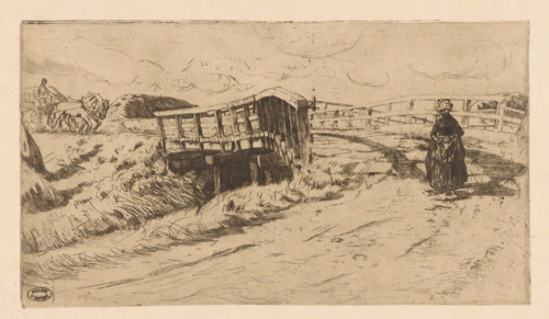 Country road with bridge, print, A wooden bridge in a landscape with haystacks. On the left, a hay
