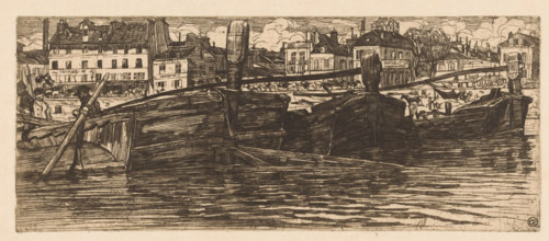Barges in the Seine in Paris, print, Houses in the background. In front of the houses several