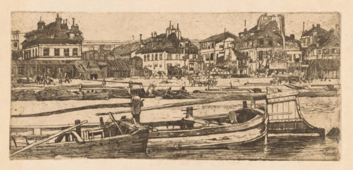 Barges in the Seine in Paris, print, Houses in the background. In front of the houses several
