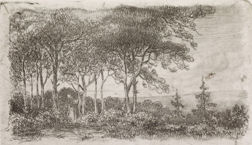 Woman by a row of trees, print, A wooded landscape with a woman with a basket on her back in the
