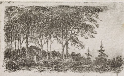 Woman by a row of trees, print, A wooded landscape with a woman with a basket on her back in the