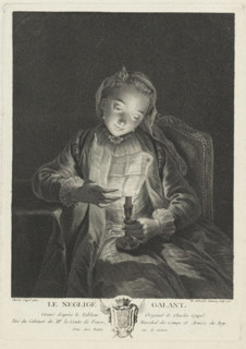 Girl reading a letter by candlelight, Le negligee galant, print, Below the scene the title and a