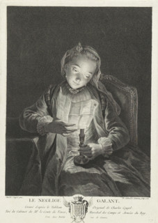 Girl reading a letter by candlelight, Le negligee galant, print, Below the scene the title and a